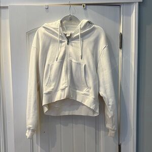 Athleta Full Zip Up White Cropped Hoodie (Waist Length) Size L. NWOT